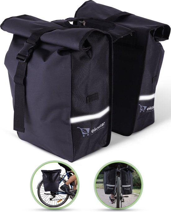 Ekostar Double Panier - Résistant à l'eau - Fermeture à enroulement - Réflecteurs - 46 litres - Noir
