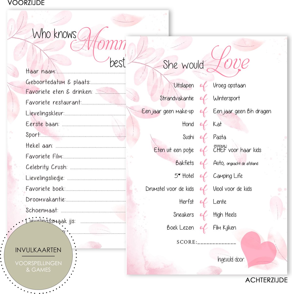 BSG943 - 20stuks - Wie kent mama? Babyshower invulkaarten - Babyvoorspellingen - Babykaarten - zwangerschaps cadeau - Babyshower versiering - Babykaarten - Babyvoorspelling - Babyshower - Babyshowerspelletjes - Gender Reveal - Invulkaarten