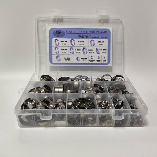 WiMas 180 stuks roestvrij staal 304 6-25,6 mm klemmen met één oor, slangklem voor slang, klemringen voor slang met klem (9 maten