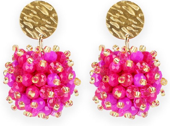 Lajetti - Oorbellen Fuchsia Dames - Stainless Steel Beaded Earrings - Glaskralen