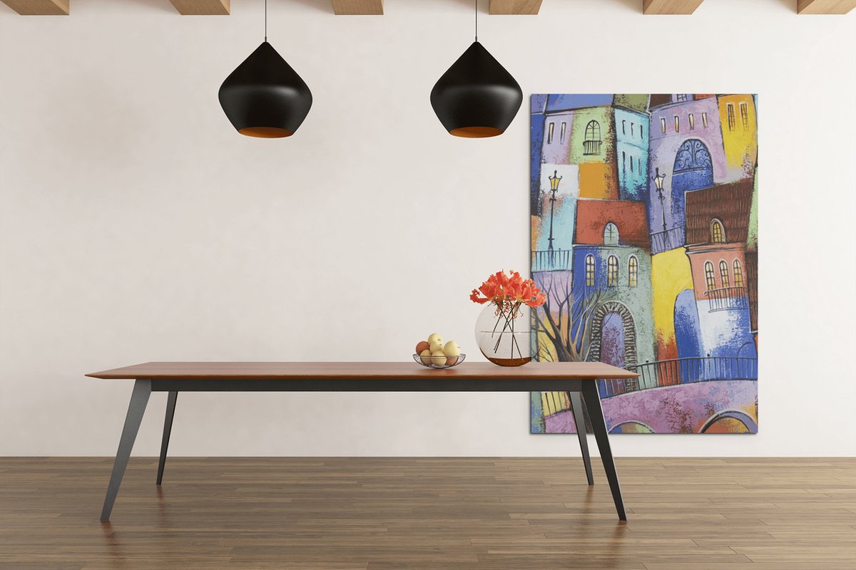 Trendex Global Canvas Schilderij - Huizen - Abstract - Kleurrijk - Wall Art - 60x40x2 cm