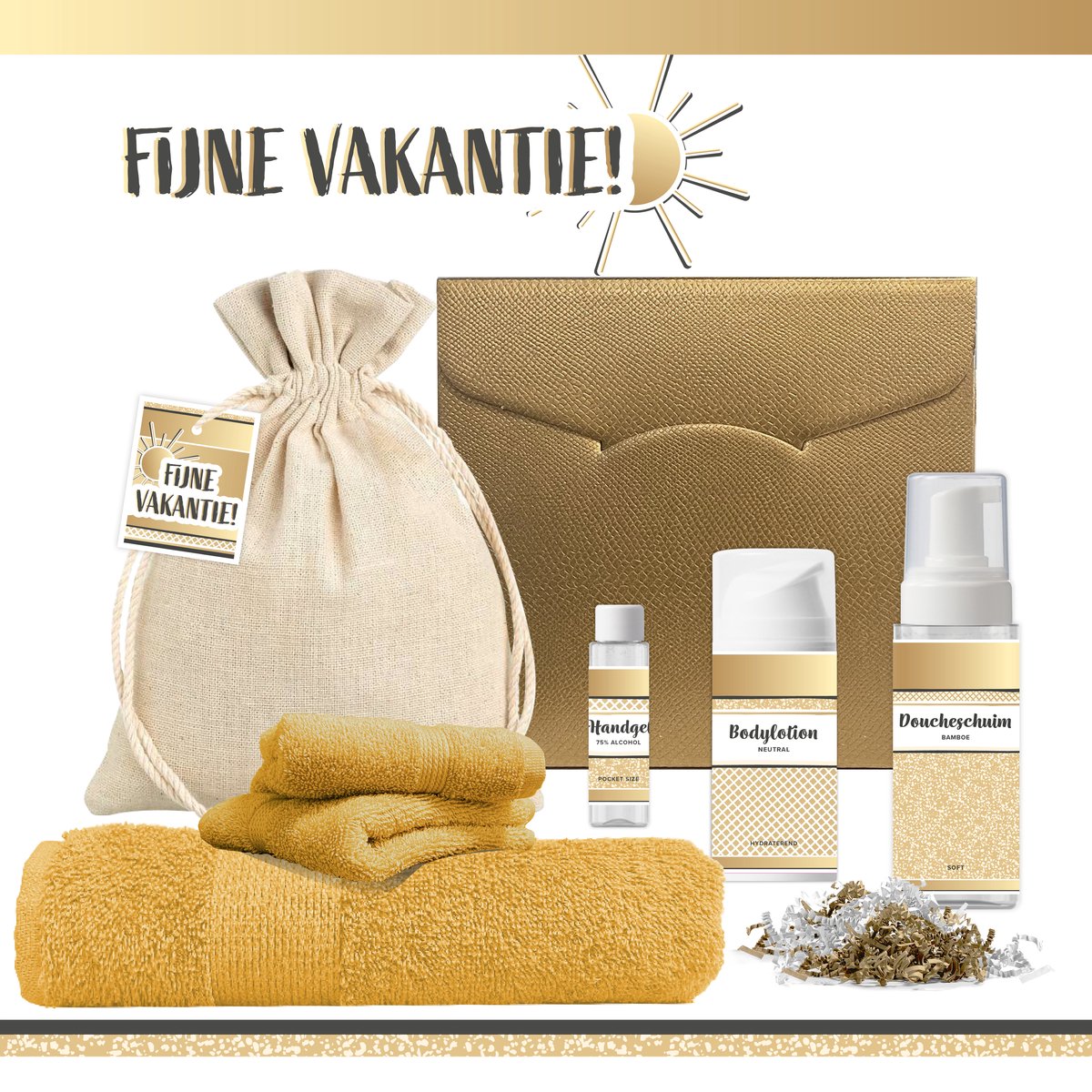 Goedkoopste Geschenkset “Fijne vakantie!” - 7 producten - 600 gram | Giftset voor haar - Wellness cadeautje vrouw - Speciaal voor jou - Prettige vakantie - Klein Cadeaupakketje - Vakantiepakketje - Bedankt - Cadeau - Vriendin - Collega - Vrijwilliger - Zon Goud