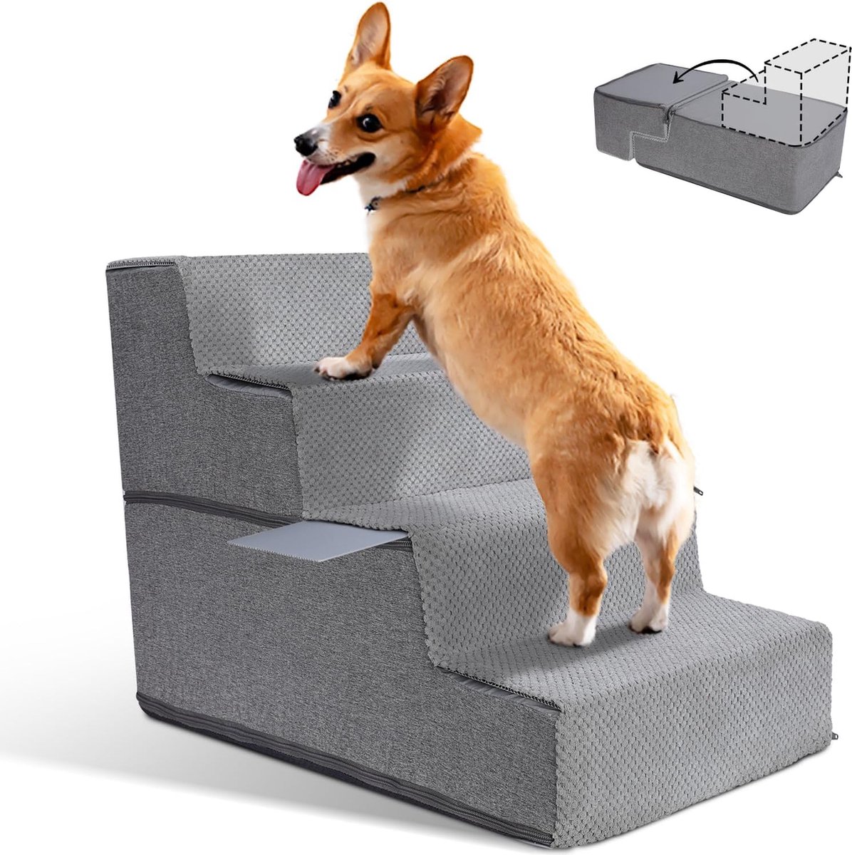 Traagschuim hondentrap - 4 treden met afneembare huisdiertrap - antislip kattentrap - geschikt voor oudere en gewonde honden - 58 x 38 x 48 cm