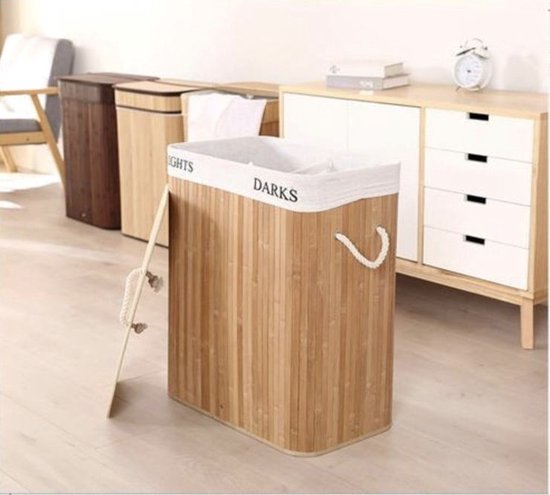 Panier à linge en bambou, collecteur de linge avec 2 compartiments, XL 100, panier à linge pliable en Bamboe , 40L x 60W x 30H