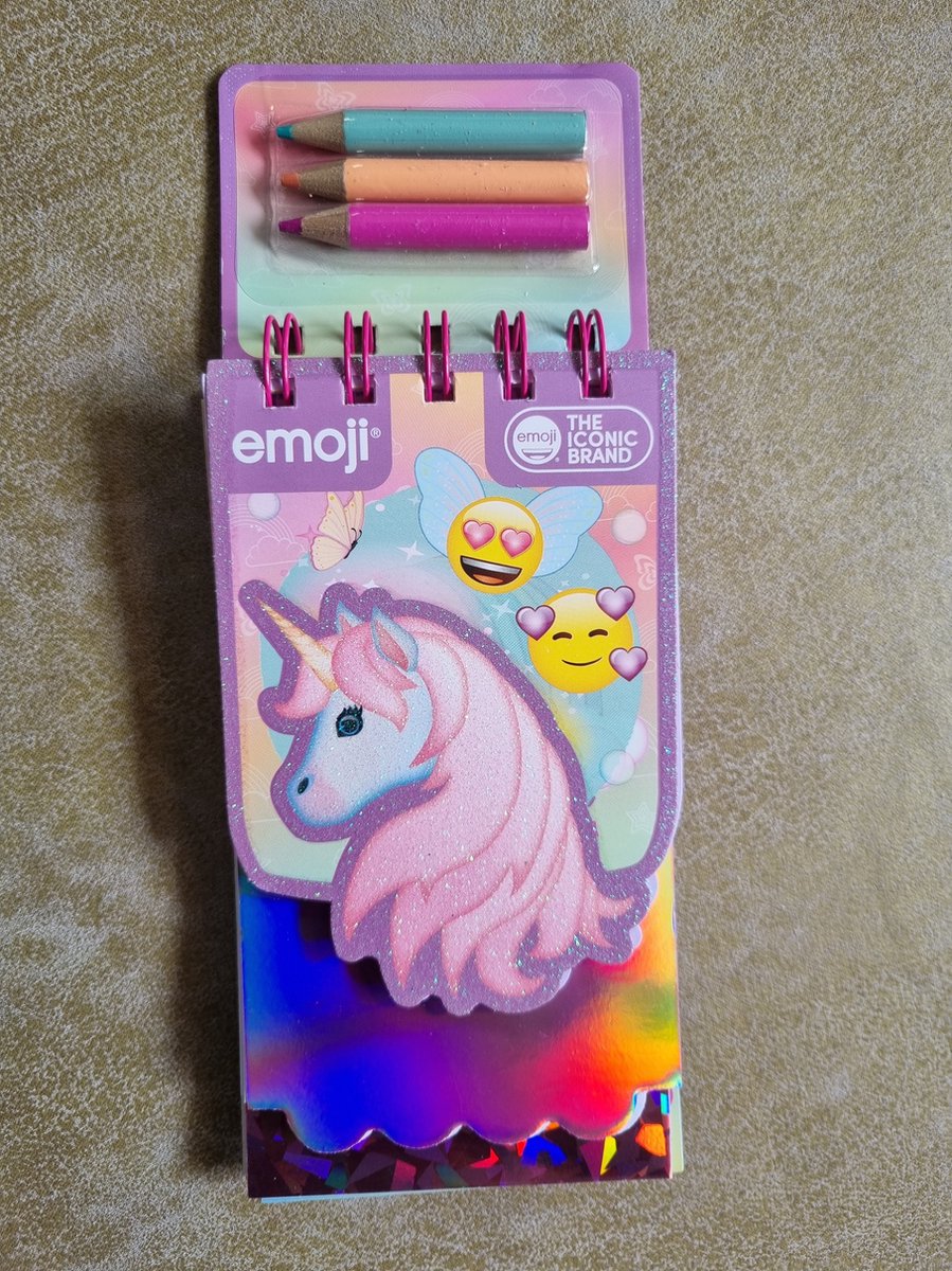 Unicorn Eenhoorn Emoji notitieboekje met stickers en 3 potloden, ringbandje, kindercadeau, weer naar school