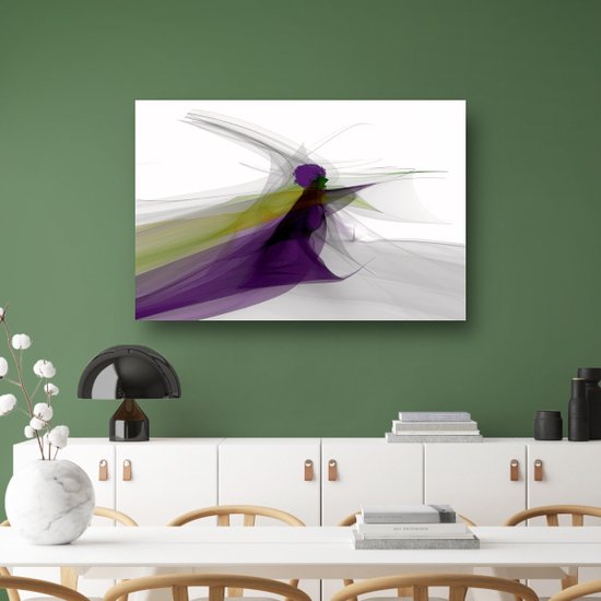 Abstract schilderij met paarse, groene en grijze lijnen die een figuur vormen, hangend boven een dressoir.