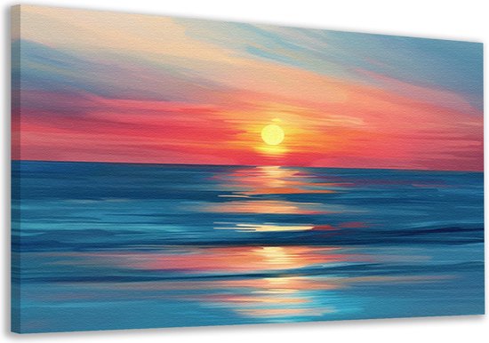 Zonsondergang schilderijen - Natuur wanddecoratie - Muurdecoratie Water - Vintage schilderij - Muurdecoratie canvas - Slaapkamer muurdecoratie canvas 90x60 cm