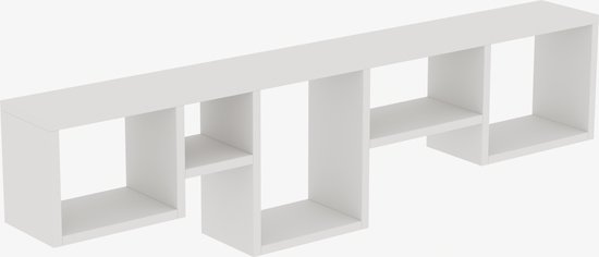 Witte, geometrische wandplank met vijf open compartimenten.