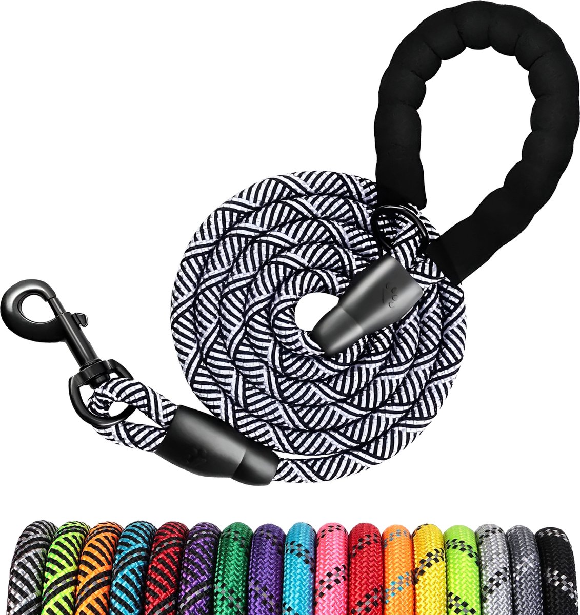 JAXY Hondenriem - Nylon Hondenlijn - Gevoerd Handvat - Robuust Touw - Reflecterende Looplijn Hond - 1,5 M - Zwart/Wit