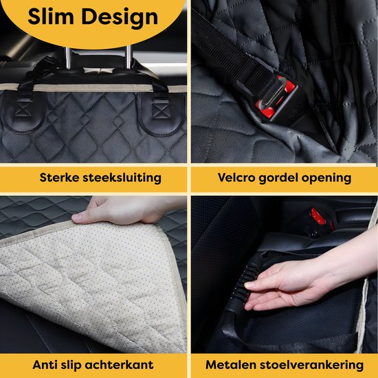 Details van de zwarte hondendeken: steeksluiting, klittenband opening, anti-slip achterkant en metalen stoelverankering.