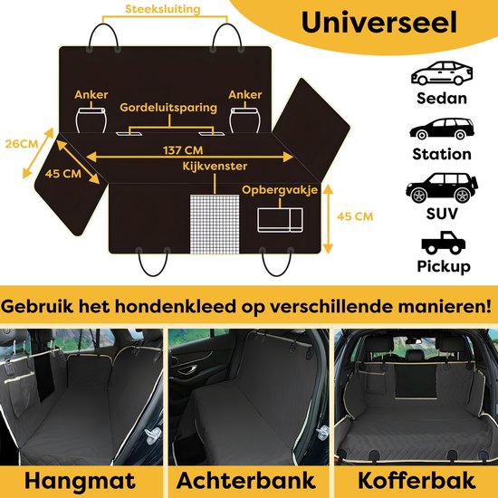 Universele hondendeken in zwart, toon de drie manieren van gebruik: hangmat, achterbank en kofferbak.