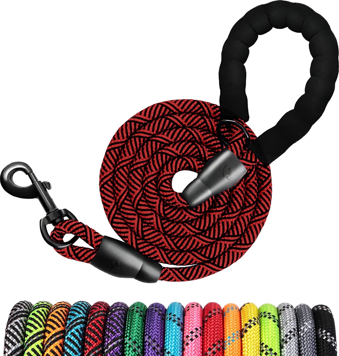 JAXY Hondenriem - Nylon Hondenlijn - Gevoerd Handvat - Robuust Touw - Reflecterende Looplijn Hond - 1,5 M - Rood/Zwart