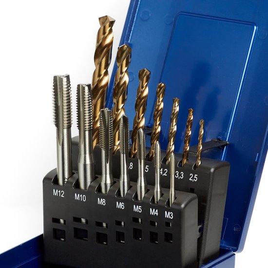Ensemble de tarauds de machine et de forets dans une boîte bleue, tailles M12 à M3.
