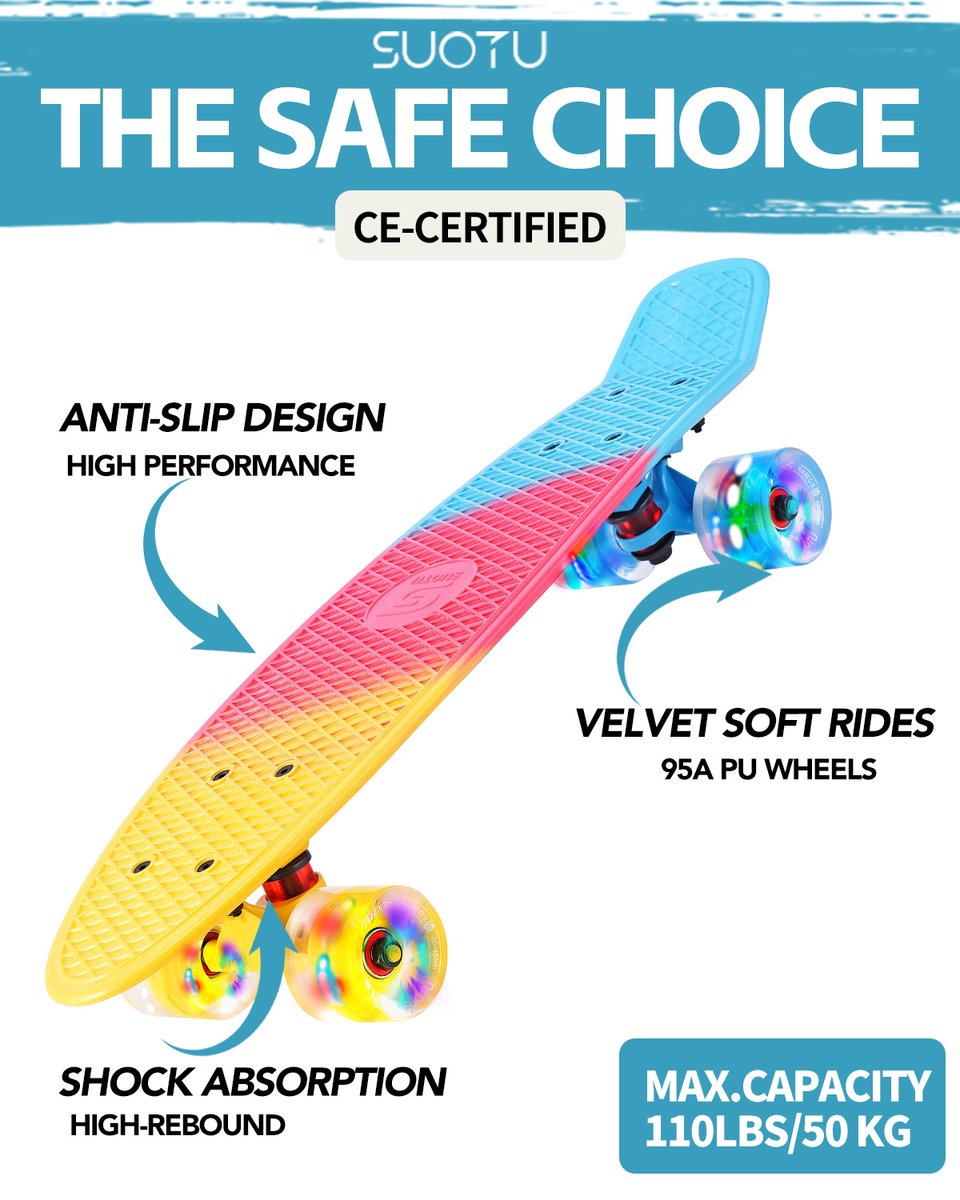 Suotu Skateboard - Skateboard Jongens - Wielen met LED-verlichting - Tot 50 kg - Skateboard Meisjes - Skateboard Volwassenen - Neo - Cadeau — afbeelding 4