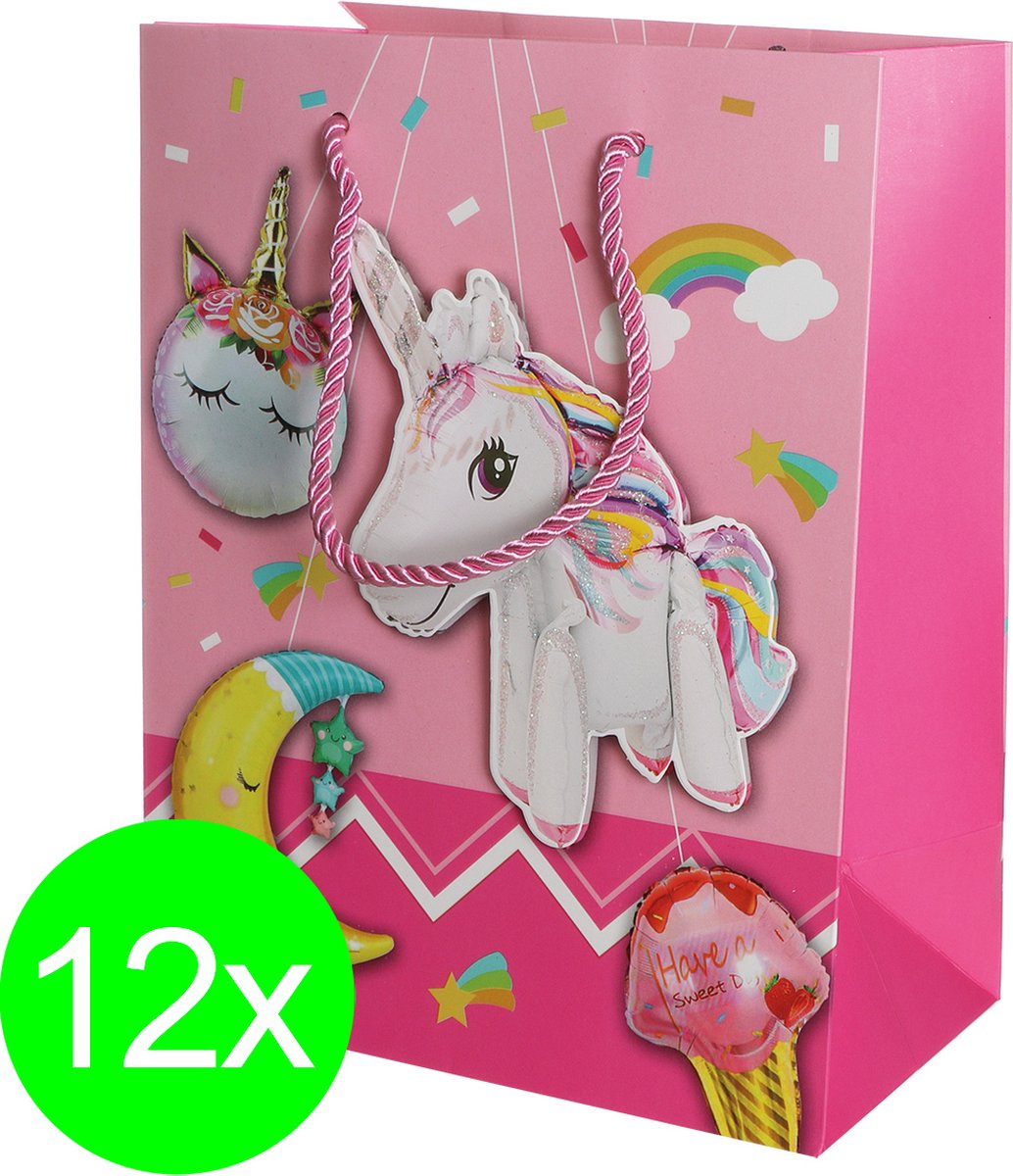 12x Eenhoorn Papieren Draagtassen – Sprookjesachtige Cadeauverpakking voor Kinderen (18x10x23)cm, 280 g/m², 4 Varianten