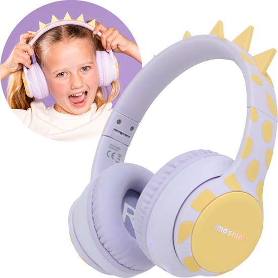 Foto: Imoshion kids dino bluetooth headphones kinder koptelefoon met decibelbegrenzer draadloze koptelefoon aux kabel lilac yellow