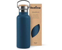 Bambaw® 750ml RVS Thermosfles - Isoleerfles, Dubbelwandig, Lekvrijen, loodvrij en Plasticvrij Geïsoleerde Fles met Bamboe Deksel voor Warme en Koude Dranken - Ideaal voor Reizen, Werk, Yoga, Wandelen en Dagelijks Gebruik – blauw