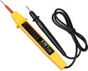 Gele elektrische tester met zwarte probe, met indicaties voor 1, 2, 6, 24, 50, 110, 220, 380V en 'MADE IN CHINA'.