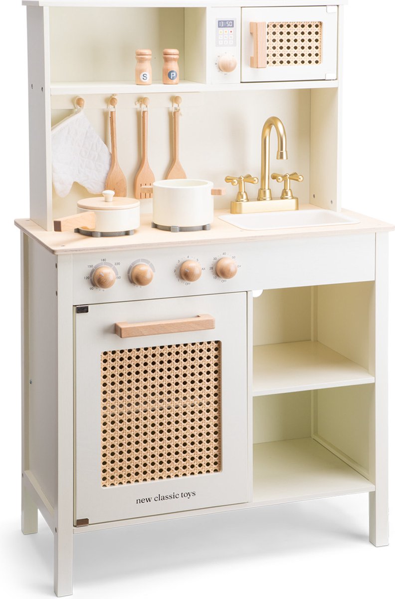 Woet® Houten Speelgoed Kinderkeuken - Speelkeukentje met Rotan Details en Gouden Kraan - Speelkeuken Gebroken Wit met Diverse Accessoires - Werkbladhoogte 55 cm - Rollenspel - Vanaf 3 Jaar — afbeelding 2