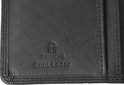 Detail van een zwarte, leren portemonnee met 'Echt Leder' en RFID-logo.