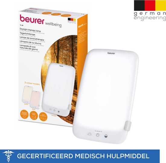 Beurer TL 35 daglichtlamp met doos, 3 kleuren, 'German Engineering' en medisch gecertificeerd logo.