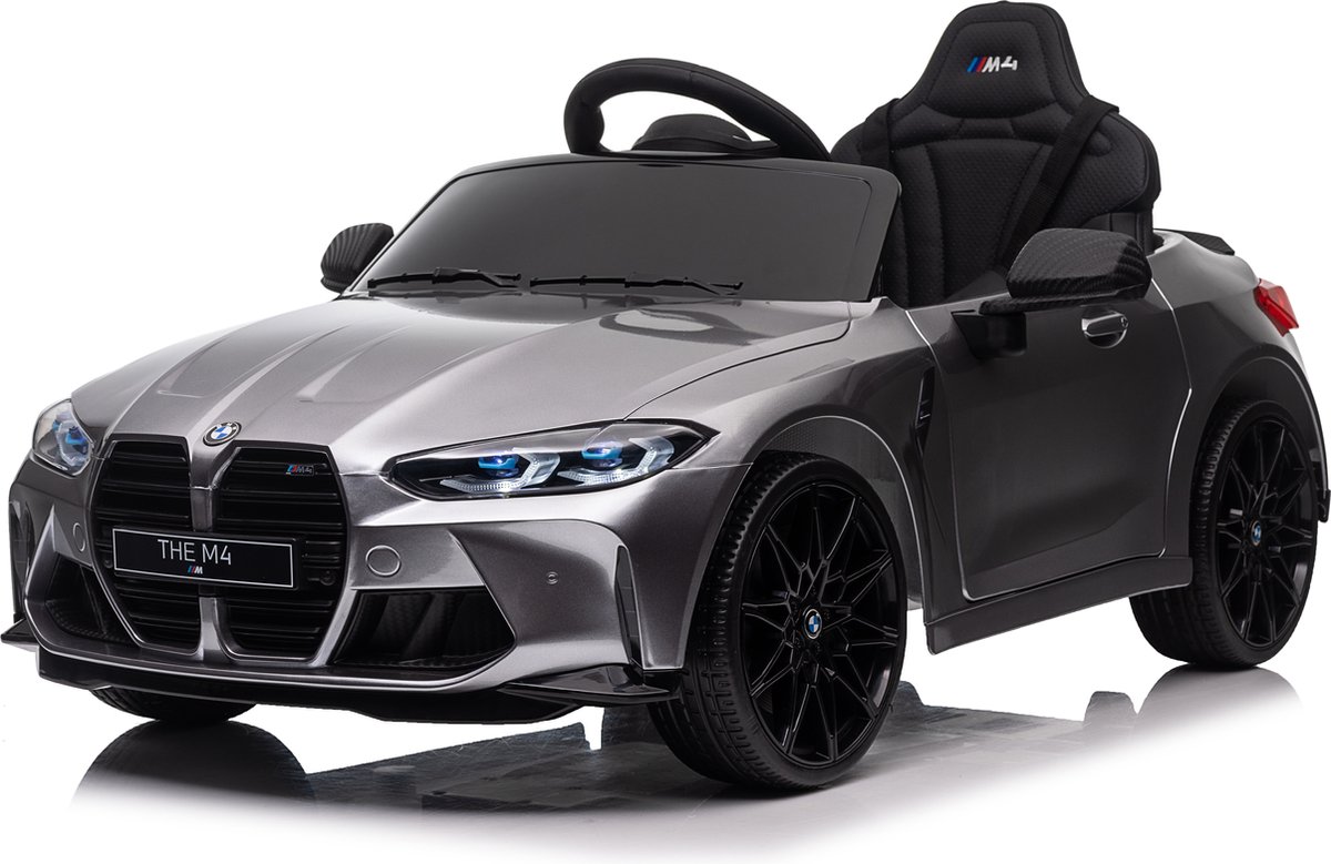 BMW Elektrische kinderauto M4 12V auto voor kinderen met Rubberen banden Lerenzitje Bluetooth afstandsbediening (Zilver)