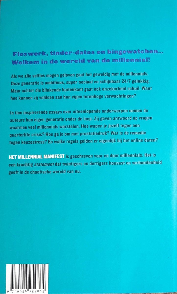 De achterkant van het boek 'Het Millennial Manifest'. Tekst beschrijft de generatie millennials en de inhoud van het boek.