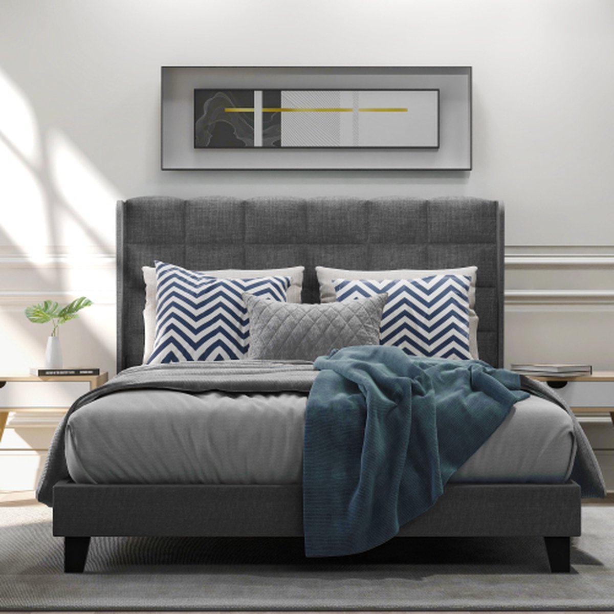 KOMHTOM Tweepersoonsbed 140x200cm Bed voor volwassenen Modern bed met gestoffeerd hoofdeinde Grijs
