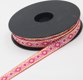RUBAN JACQUARD/Ruban tissé de 5 mètres avec motif géométrique et coutures dorées, largeur 12 mm, couleur rose