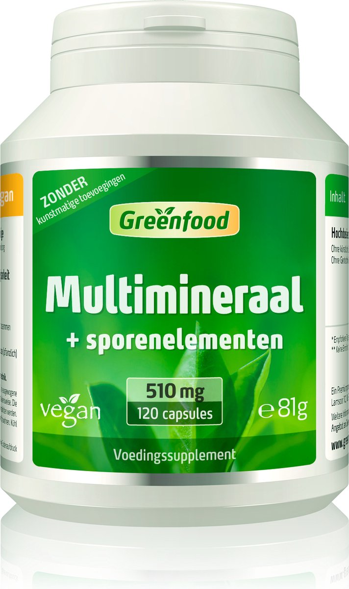 Goedkoopste Greenfood Multimineraal sporenelementen, 510 mg, hoge dosering, 120 capsules, veganistisch, hoge biologische beschikbaarheid. Vegi capsules.