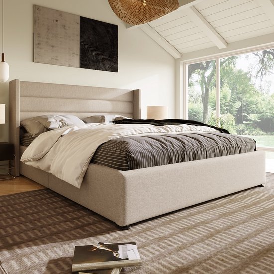Bed met opbergruimte Stof TARASCON 140 x 200 cm Lichtbeige