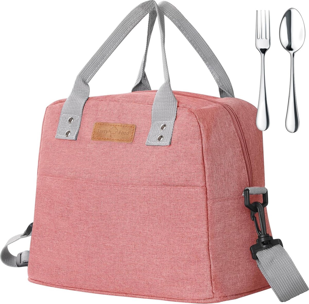 Lunchtas+vork+lepel met verstelbare riem brede open koeltas waterdichte lekvrije herbruikbare geïsoleerde lunchtas voedselorganizer voor buiten picknick school werk volwassen kinderen roze