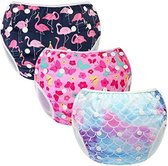 Couche de bain réutilisable pour bébé fille, réglable et lavable, taille unique pour 0 à 3 ans, idéale pour les cours de natation en vacances, écailles de poisson + papillon + Flamingo