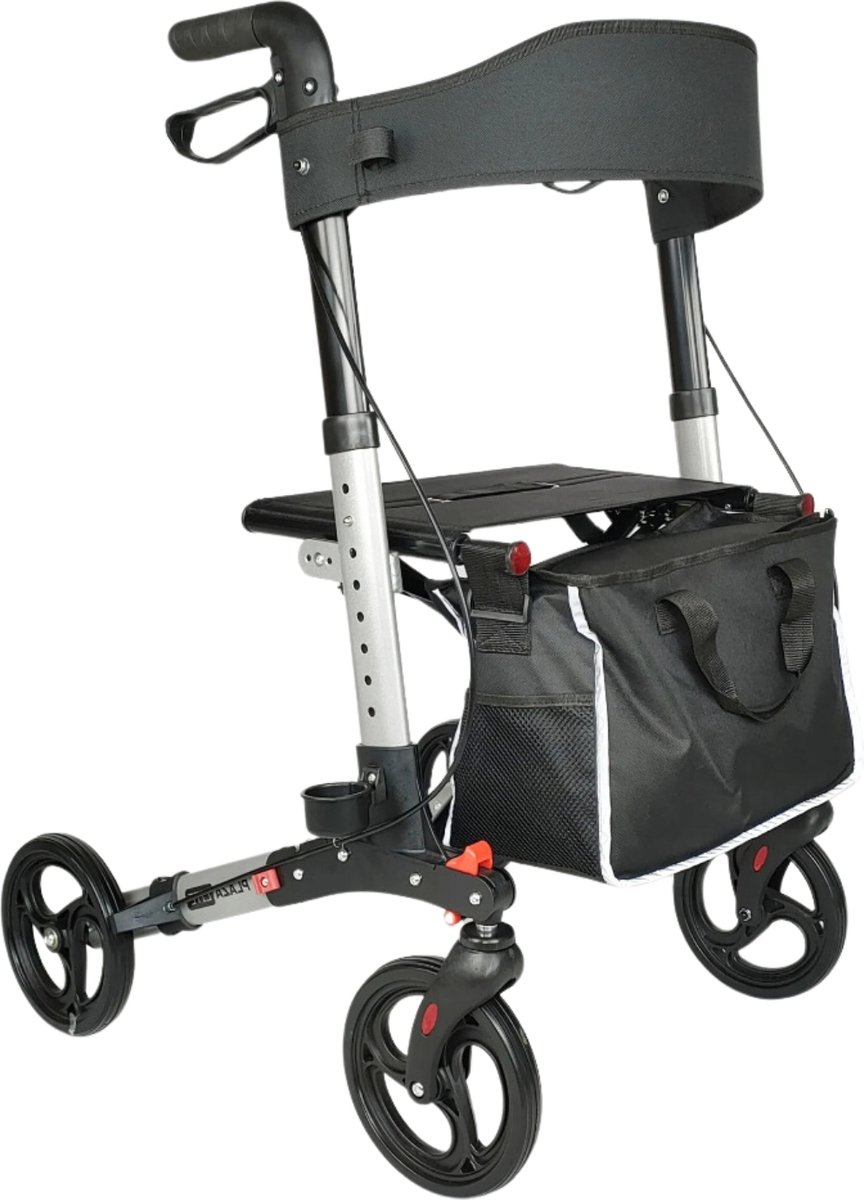 Goedkoopste Rollator Plaza Lite - Lichtgewicht - Drie dubbel opvouwbaar - Anti-lek banden - Zilver