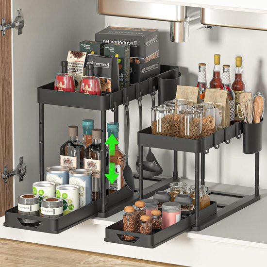 Nieuwe Titel: Opbergrek Voor Onder De Gootsteen - 2 Niveaus Met Uitschuiflade Zwart Multifunctioneel Opbergrek Voor Keuken Badkamer En Wasruimte