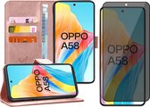 Hoesje geschikt voor Oppo A58 4G - Privacy Screenprotector Volledig Dekkend Glas - Portemonnee Book Case Rosegoud