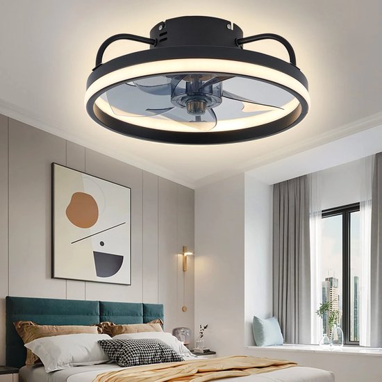 Moderne plafondventilator met verlichting en afstandsbediening Dimbare stille plafondventilator met lamp Omkeerbare motor 6 windsnelheden ventilator licht plafond voor slaapkamer woonkamer-Black|D