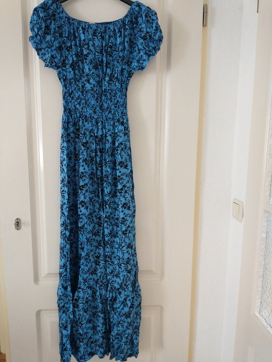 Lange dames jurk Siri gebloemd motief blauw strandjurk
