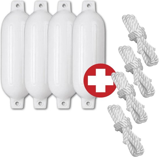 Set van vier witte bootstootwillen met verticale ribbels en vier bijpassende witte touwen.