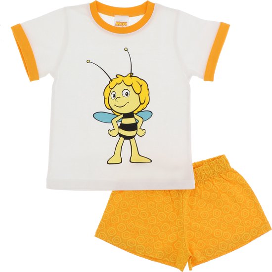 T-shirt blanc avec imprimé Maya l'abeille et bordures orange, combiné à un short orange à motif nid d'abeille.