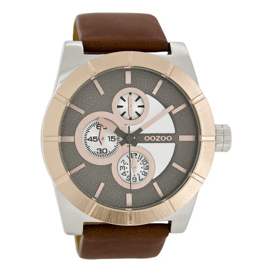 OOZOO Timepieces - Zilverkleurige horloge met bruine leren band - C6432