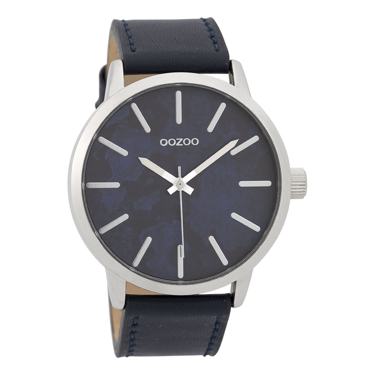 OOZOO Timepieces - Zilverkleurige horloge met donker blauwe leren band - C9602