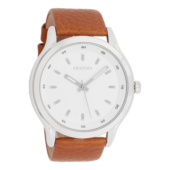 OOZOO Timepieces - Zilverkleurige horloge met cognac leren band - C7430