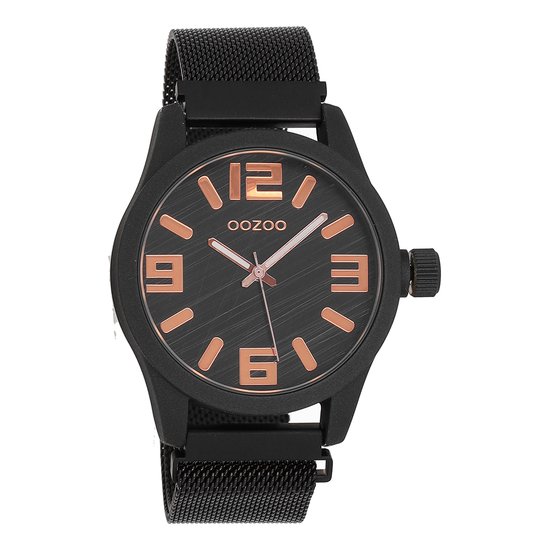 OOZOO Timepieces - Zwarte horloge met zwarte metalen mesh armband - C10734