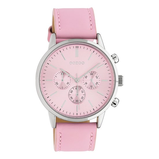 OOZOO Timepieces - Zilverkleurige horloge met zacht roze leren band - C10595