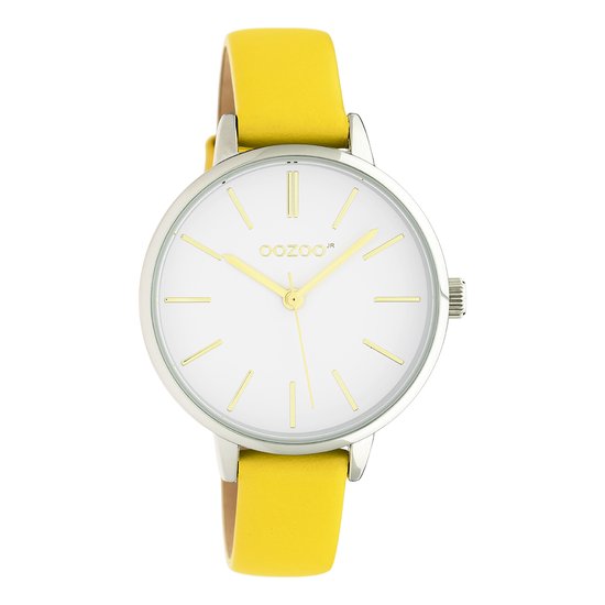 OOZOO Timepieces - Zilverkleurige horloge met gele leren band - JR312