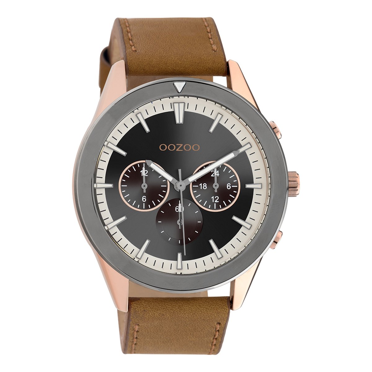 OOZOO Timepieces - Rosé goudkleurige- titanium horloge met bruine leren band - C10800