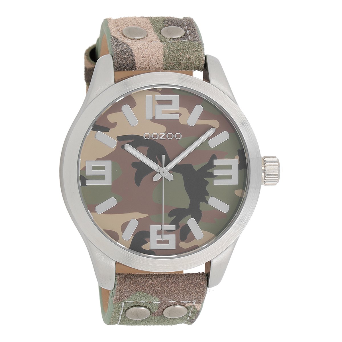 OOZOO Timepieces - Zilverkleurige horloge met camouflage leren band - C1066