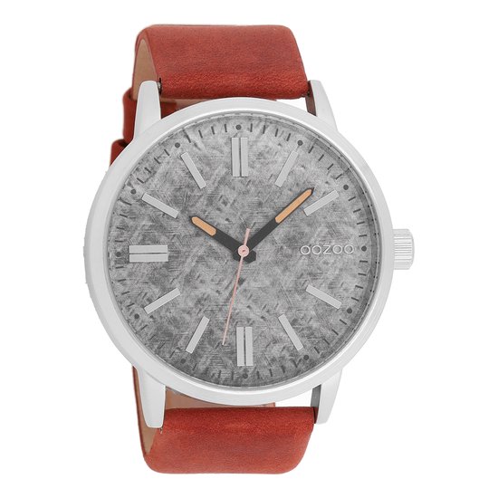 OOZOO Timepieces - Zilverkleurige horloge met cognac leren band - C9407