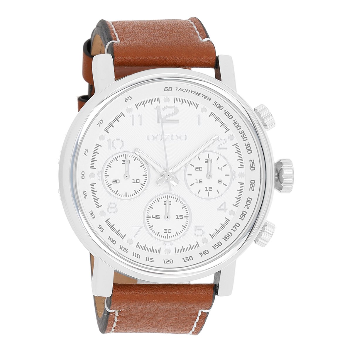 OOZOO Timepieces - Zilverkleurige horloge met bruine leren band - C9455